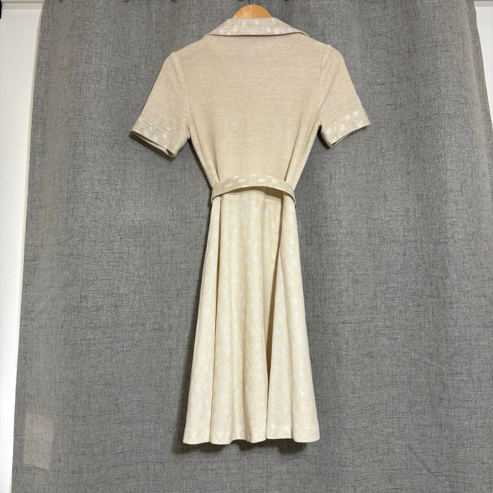 Vintage 70s O Bryan Dress Women Small 4 Beige Belted A Line Dress Polka Dot - Picture 2 of 11